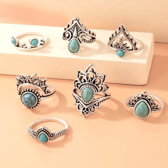 Rings Turquoise 8pc Silver Finger Gypsy Boho Hippie Stackable Stylish Silver - Picture 2 of 3